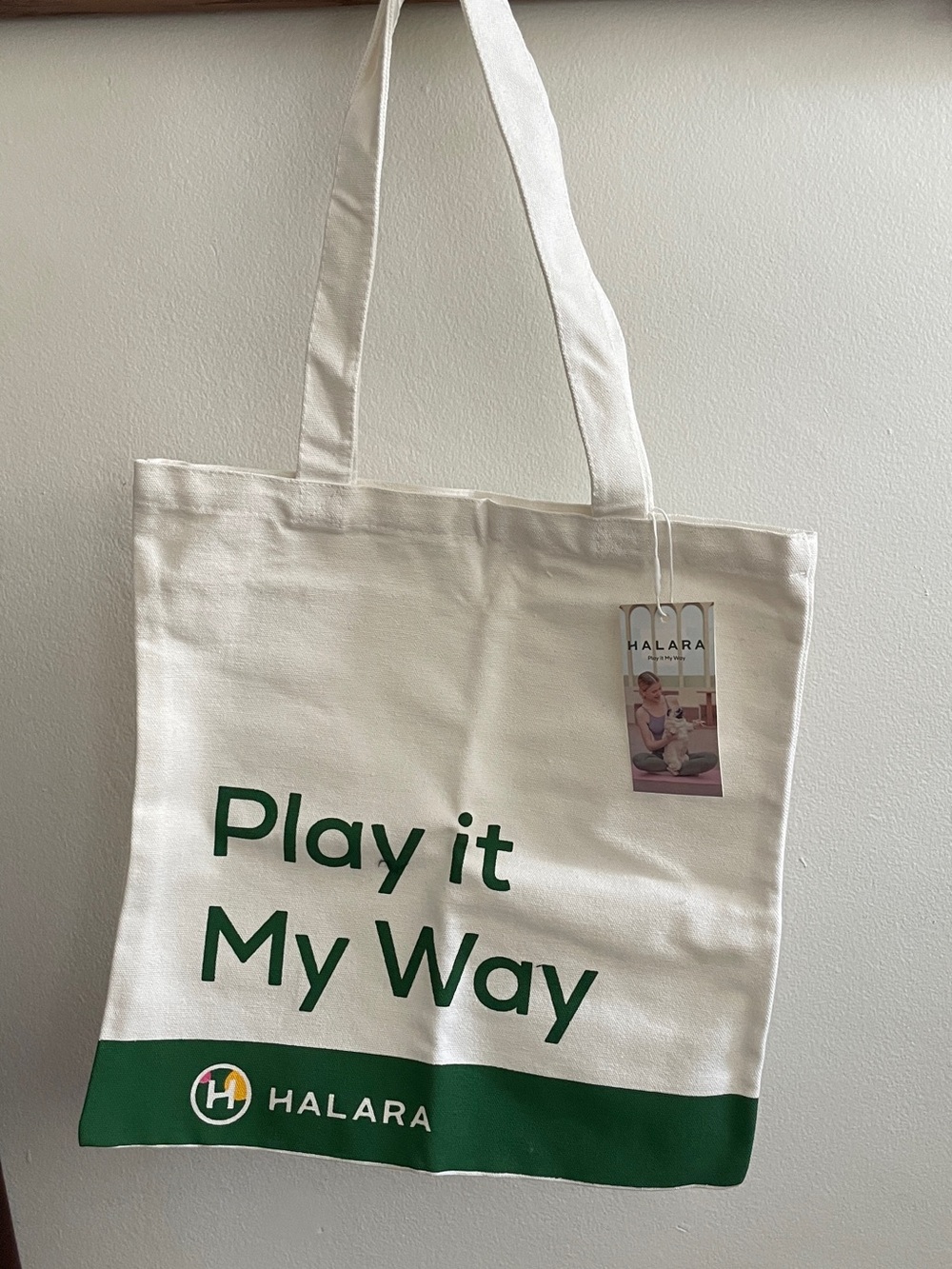 HALARA Cream and Green Canvas Tote with 'Play it My Way' Print